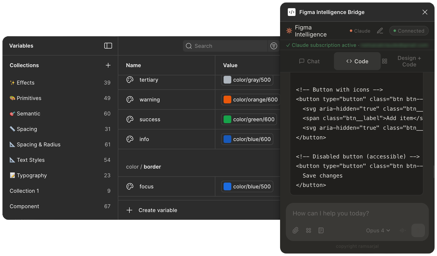 Figma Intelligence — Variables panel and Code mode in action